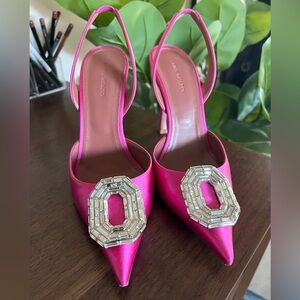 Amina Muaddi Pink Satin Camelia Sling 105